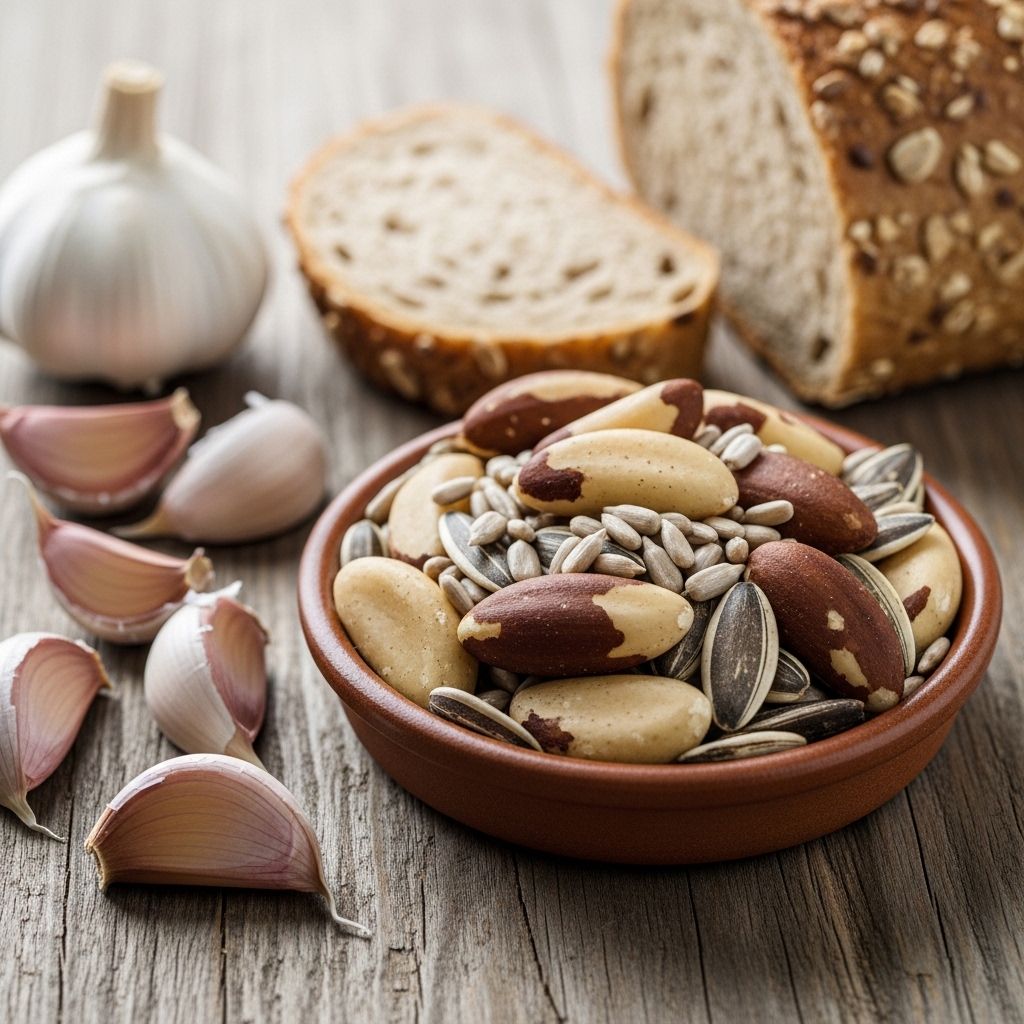 Brazil nuts and sunflower seeds in a small ceramic dish on a wooden surface alongside fresh garlic cloves and whole grain bread, representing natural dietary sources of selenium mineral