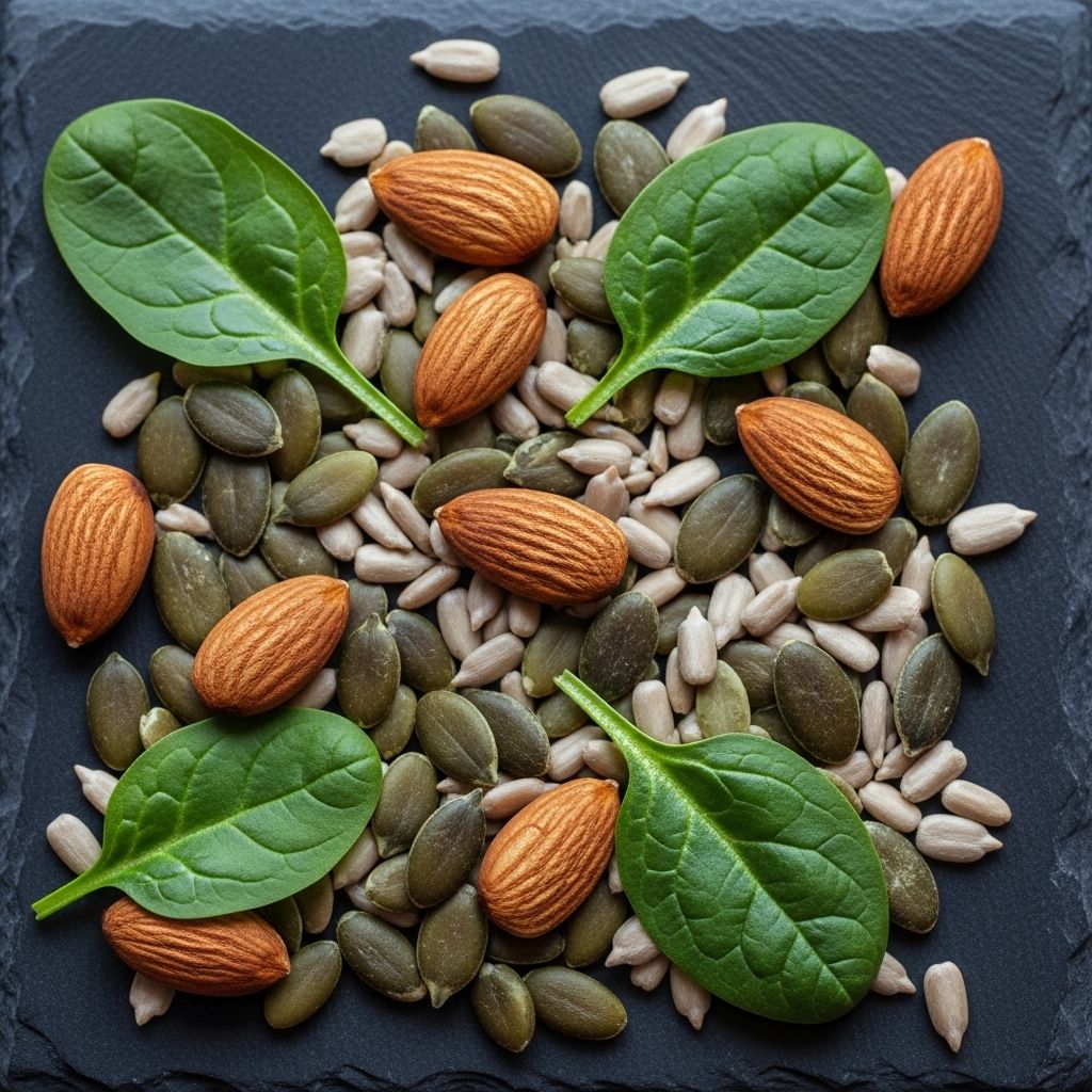 Close-up of raw pumpkin seeds, sunflower seeds and almonds scattered on a dark slate surface alongside fresh spinach leaves, all natural whole food sources of zinc and magnesium minerals