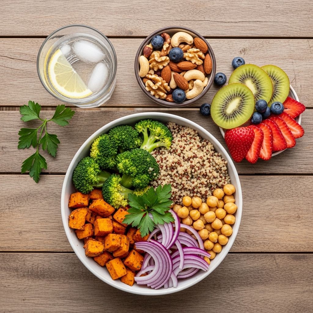 Overhead flat-lay of a balanced meal spread including a colourful grain bowl with roasted vegetables and chickpeas, a glass of water, fresh fruit slices and a small bowl of mixed nuts on a wooden table