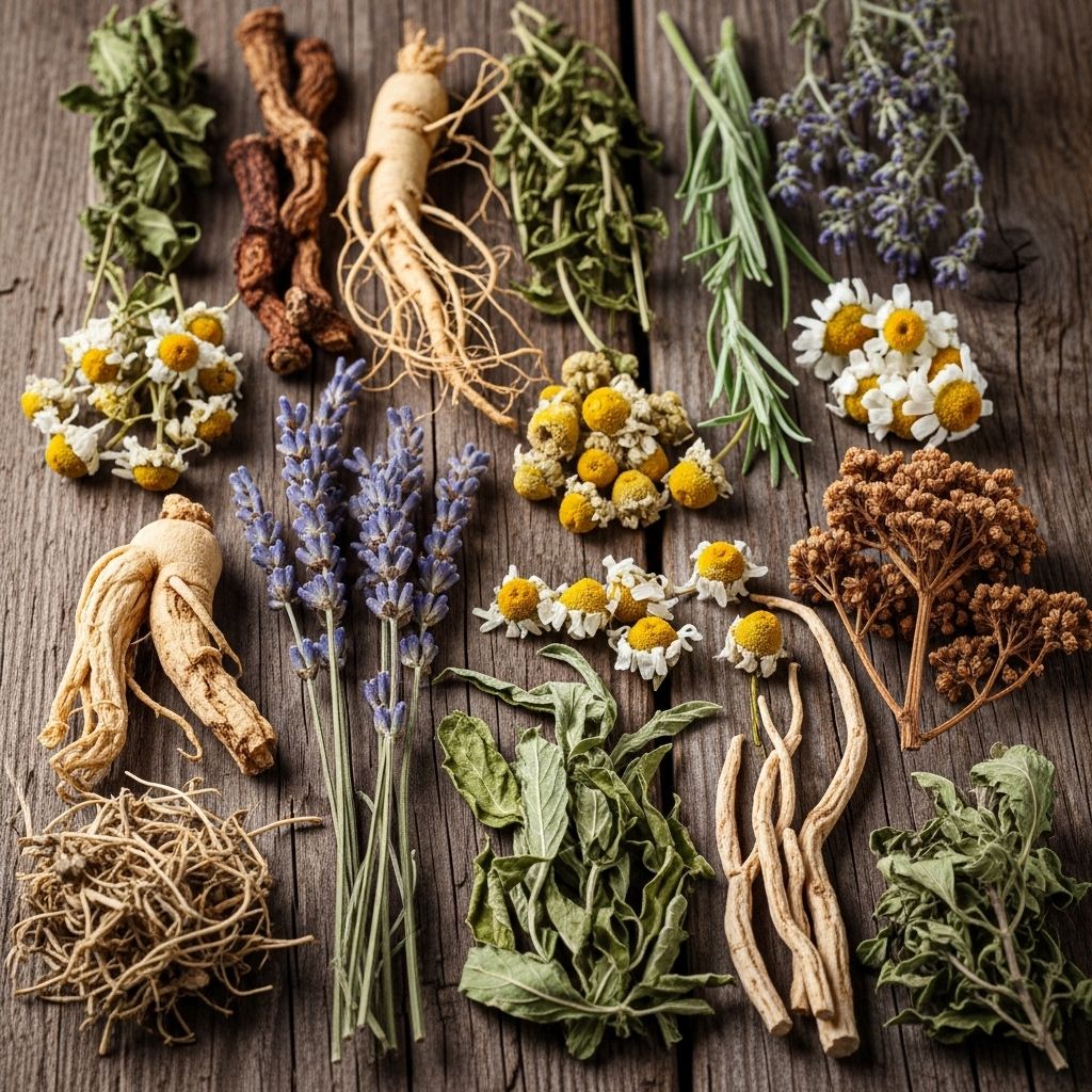 Collection of dried botanical herbs and roots arranged on a weathered wooden surface with natural textures, earthy tones of brown and green, representing traditional natural wellness knowledge