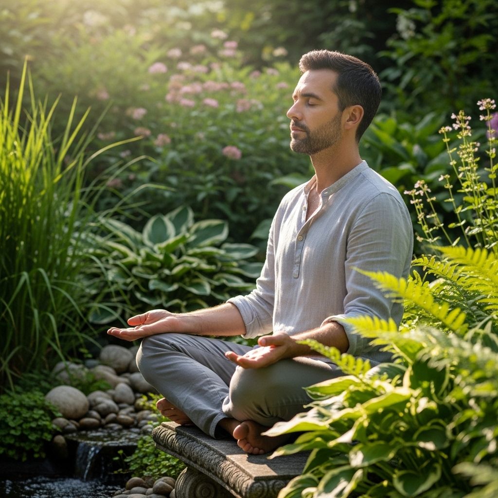 Man sitting calmly in a sunlit garden practising mindful breathing with eyes closed, surrounded by green plants and natural elements, relaxed and peaceful atmosphere